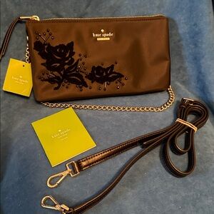 NWT Kate Spade Black Floral Clutch Bag with long strap (removable) and beed work